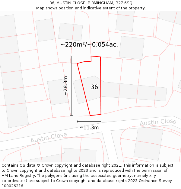 36, AUSTIN CLOSE, BIRMINGHAM, B27 6SQ: Plot and title map