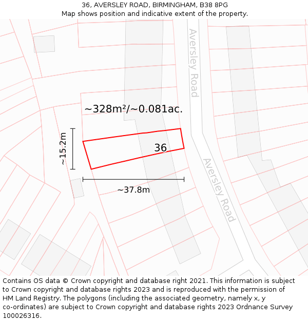 36, AVERSLEY ROAD, BIRMINGHAM, B38 8PG: Plot and title map