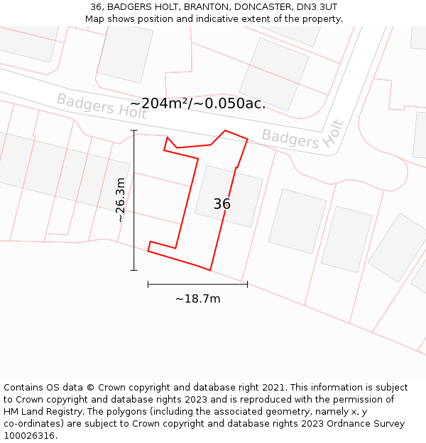 36, BADGERS HOLT, BRANTON, DONCASTER, DN3 3UT: Plot and title map
