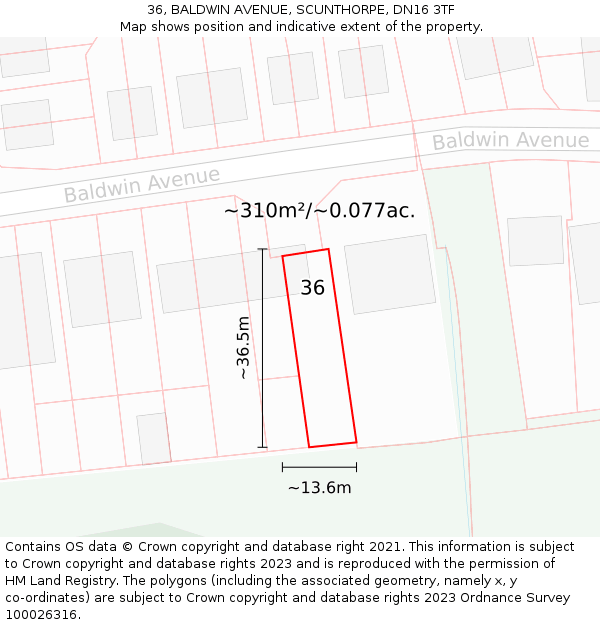 36, BALDWIN AVENUE, SCUNTHORPE, DN16 3TF: Plot and title map