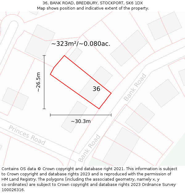 36, BANK ROAD, BREDBURY, STOCKPORT, SK6 1DX: Plot and title map