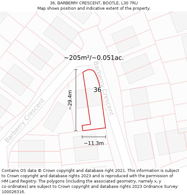 36, BARBERRY CRESCENT, BOOTLE, L30 7RU: Plot and title map