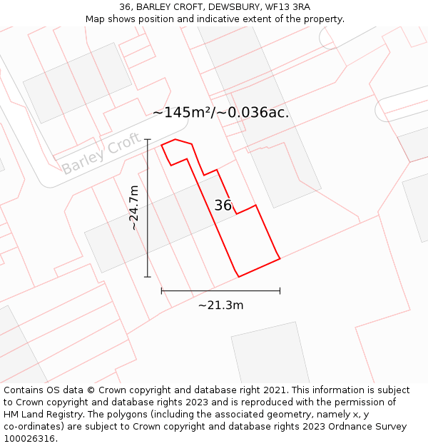 36, BARLEY CROFT, DEWSBURY, WF13 3RA: Plot and title map