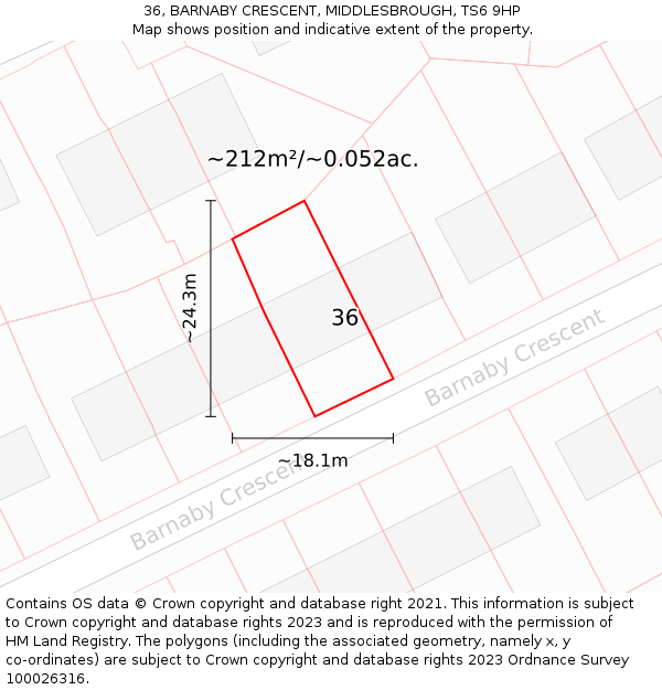 36, BARNABY CRESCENT, MIDDLESBROUGH, TS6 9HP: Plot and title map