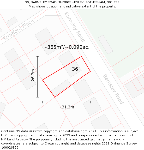 36, BARNSLEY ROAD, THORPE HESLEY, ROTHERHAM, S61 2RR: Plot and title map
