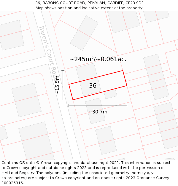 36, BARONS COURT ROAD, PENYLAN, CARDIFF, CF23 9DF: Plot and title map