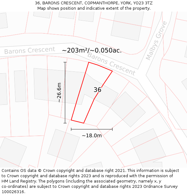 36, BARONS CRESCENT, COPMANTHORPE, YORK, YO23 3TZ: Plot and title map