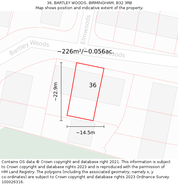 36, BARTLEY WOODS, BIRMINGHAM, B32 3RB: Plot and title map