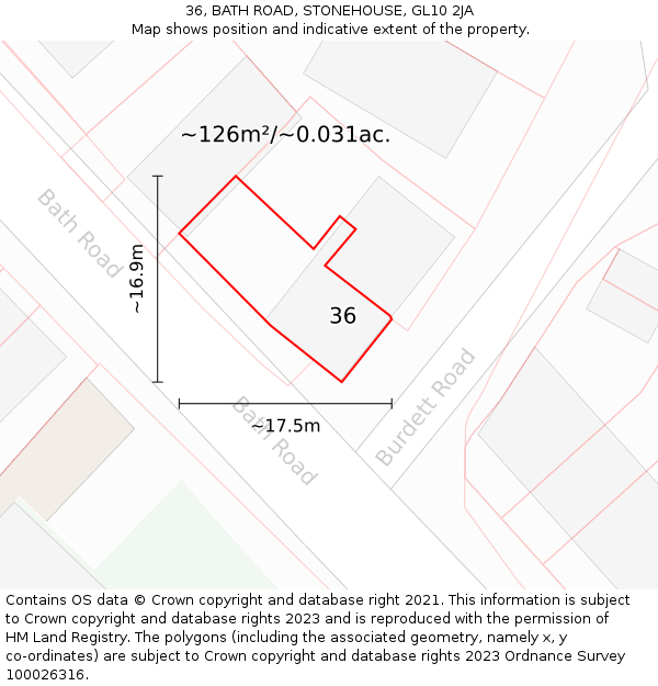 36, BATH ROAD, STONEHOUSE, GL10 2JA: Plot and title map