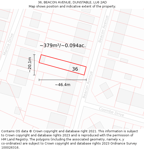 36, BEACON AVENUE, DUNSTABLE, LU6 2AD: Plot and title map