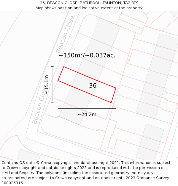 36, BEACON CLOSE, BATHPOOL, TAUNTON, TA2 8FS: Plot and title map