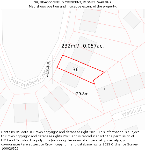 36, BEACONSFIELD CRESCENT, WIDNES, WA8 9HP: Plot and title map