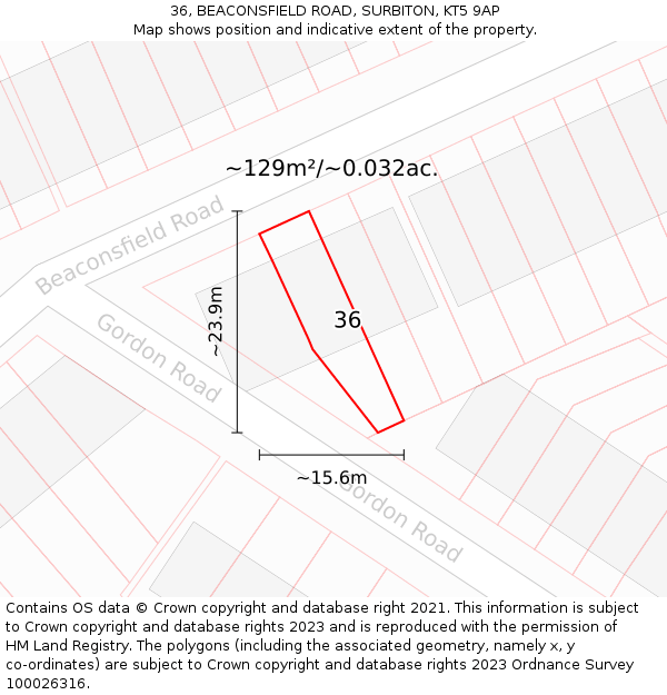 36, BEACONSFIELD ROAD, SURBITON, KT5 9AP: Plot and title map