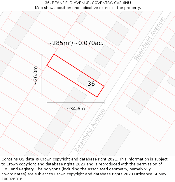 36, BEANFIELD AVENUE, COVENTRY, CV3 6NU: Plot and title map