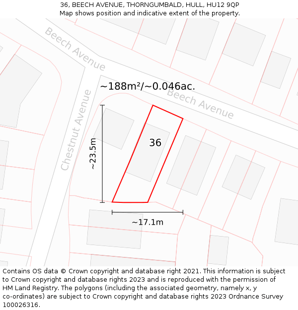 36, BEECH AVENUE, THORNGUMBALD, HULL, HU12 9QP: Plot and title map