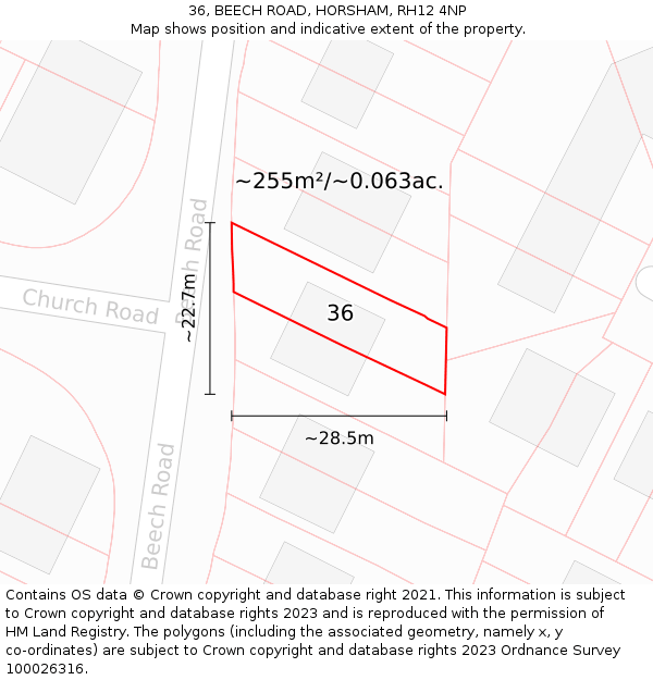36, BEECH ROAD, HORSHAM, RH12 4NP: Plot and title map