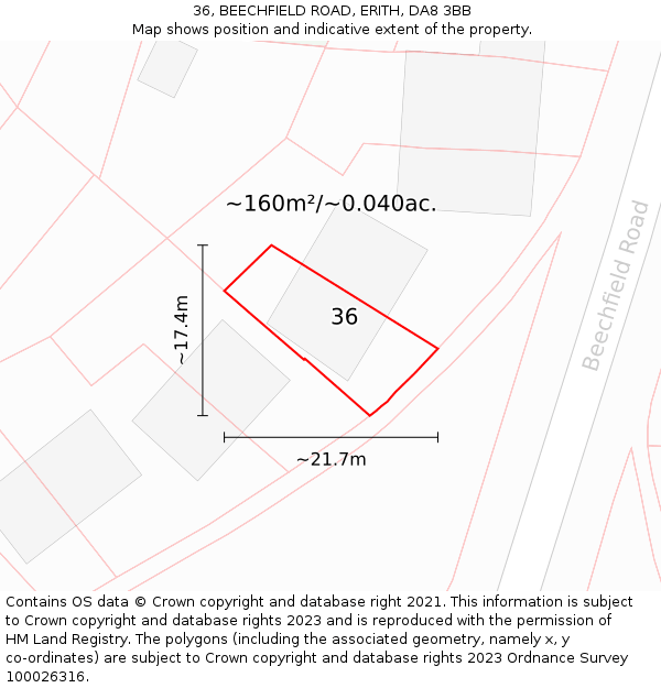 36, BEECHFIELD ROAD, ERITH, DA8 3BB: Plot and title map