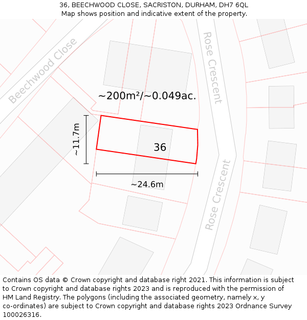36, BEECHWOOD CLOSE, SACRISTON, DURHAM, DH7 6QL: Plot and title map