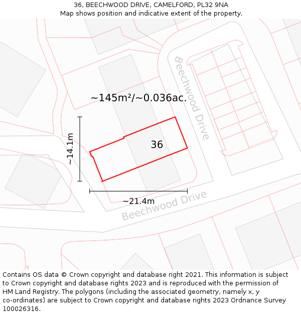 36, BEECHWOOD DRIVE, CAMELFORD, PL32 9NA: Plot and title map