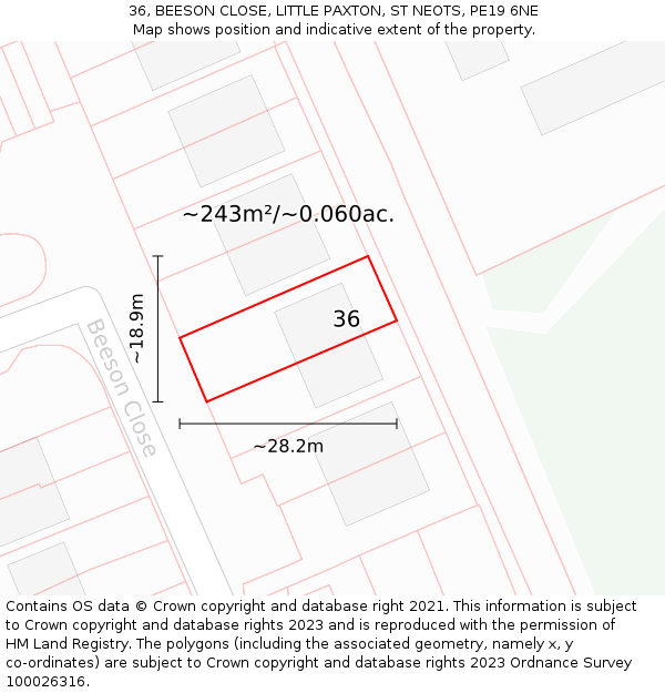 36, BEESON CLOSE, LITTLE PAXTON, ST NEOTS, PE19 6NE: Plot and title map