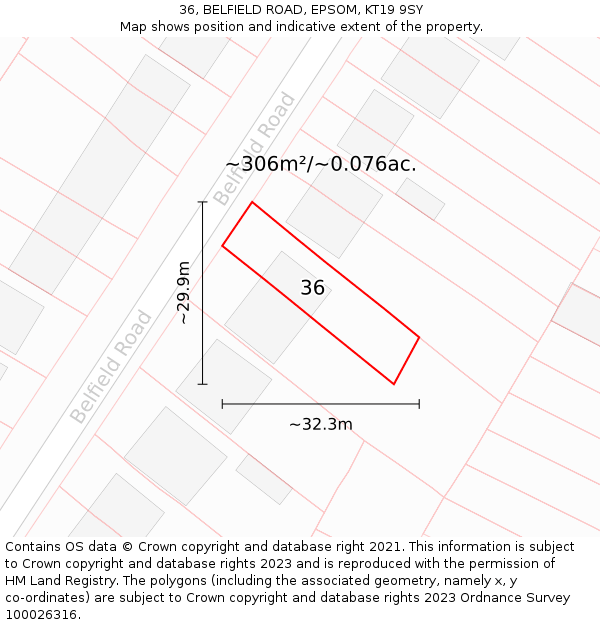 36, BELFIELD ROAD, EPSOM, KT19 9SY: Plot and title map
