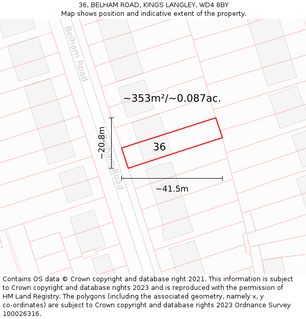 36, BELHAM ROAD, KINGS LANGLEY, WD4 8BY: Plot and title map
