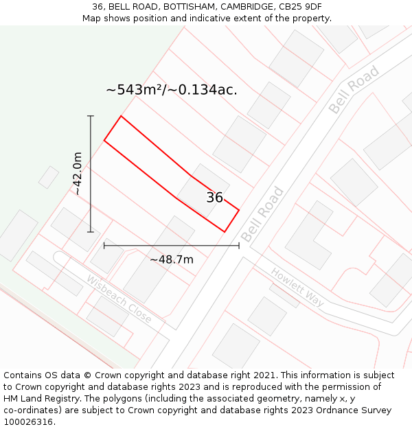 36, BELL ROAD, BOTTISHAM, CAMBRIDGE, CB25 9DF: Plot and title map