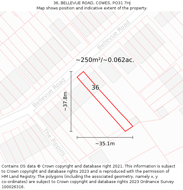 36, BELLEVUE ROAD, COWES, PO31 7HJ: Plot and title map