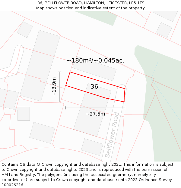 36, BELLFLOWER ROAD, HAMILTON, LEICESTER, LE5 1TS: Plot and title map