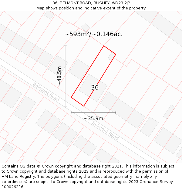 36, BELMONT ROAD, BUSHEY, WD23 2JP: Plot and title map