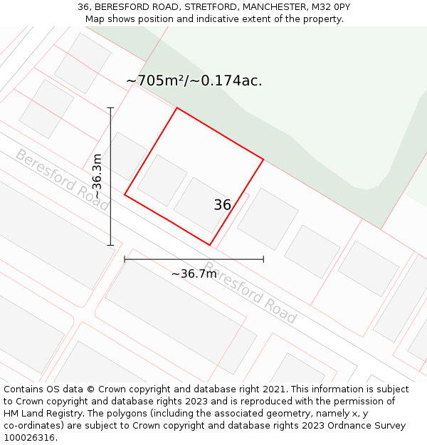 36, BERESFORD ROAD, STRETFORD, MANCHESTER, M32 0PY: Plot and title map