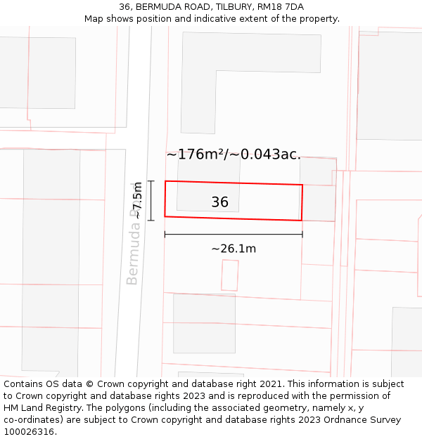 36, BERMUDA ROAD, TILBURY, RM18 7DA: Plot and title map