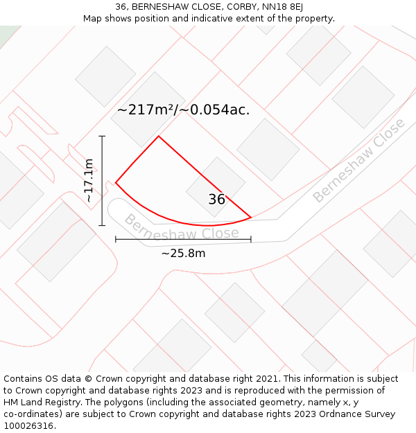 36, BERNESHAW CLOSE, CORBY, NN18 8EJ: Plot and title map