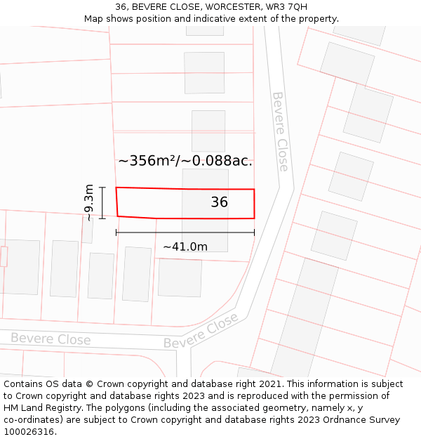 36, BEVERE CLOSE, WORCESTER, WR3 7QH: Plot and title map