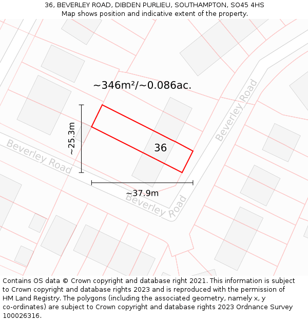 36, BEVERLEY ROAD, DIBDEN PURLIEU, SOUTHAMPTON, SO45 4HS: Plot and title map