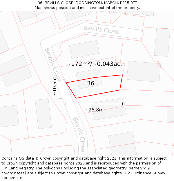 36, BEVILLS CLOSE, DODDINGTON, MARCH, PE15 0TT: Plot and title map