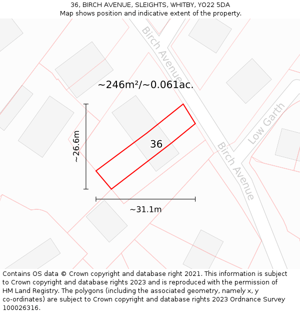 36, BIRCH AVENUE, SLEIGHTS, WHITBY, YO22 5DA: Plot and title map