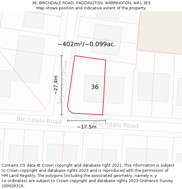 36, BIRCHDALE ROAD, PADDINGTON, WARRINGTON, WA1 3ES: Plot and title map