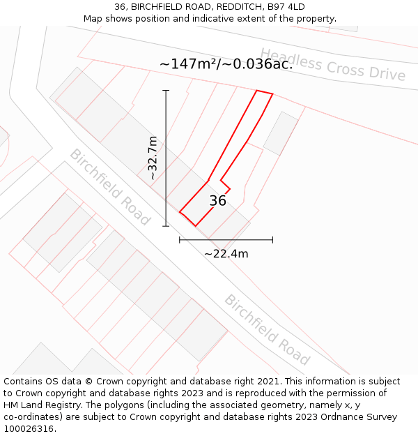 36, BIRCHFIELD ROAD, REDDITCH, B97 4LD: Plot and title map