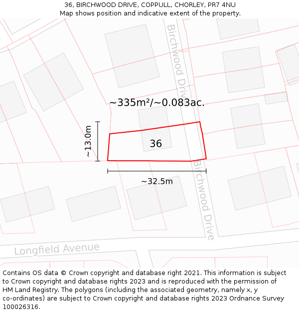 36, BIRCHWOOD DRIVE, COPPULL, CHORLEY, PR7 4NU: Plot and title map