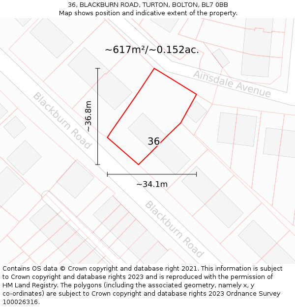 36, BLACKBURN ROAD, TURTON, BOLTON, BL7 0BB: Plot and title map