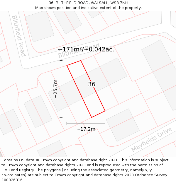 36, BLITHFIELD ROAD, WALSALL, WS8 7NH: Plot and title map