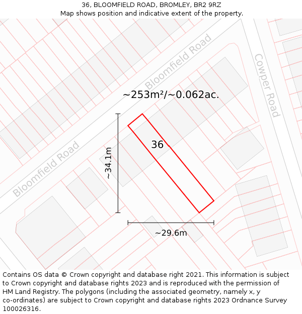 36, BLOOMFIELD ROAD, BROMLEY, BR2 9RZ: Plot and title map