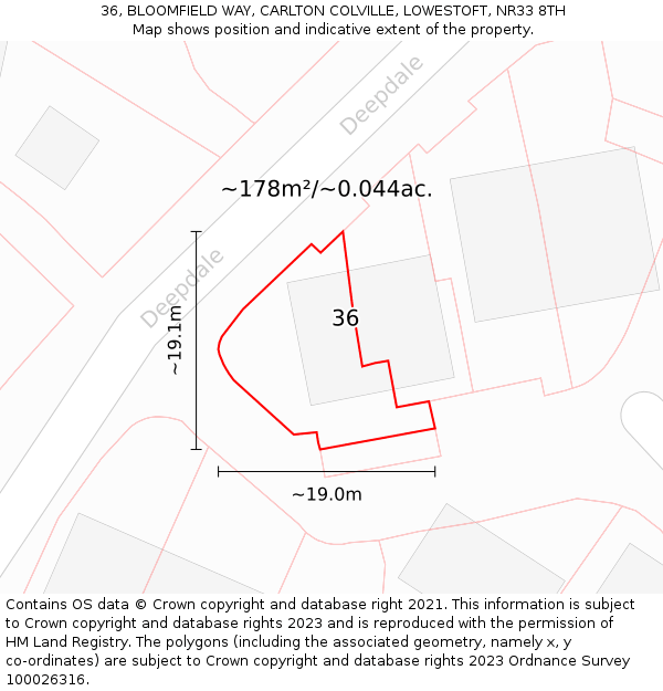 36, BLOOMFIELD WAY, CARLTON COLVILLE, LOWESTOFT, NR33 8TH: Plot and title map