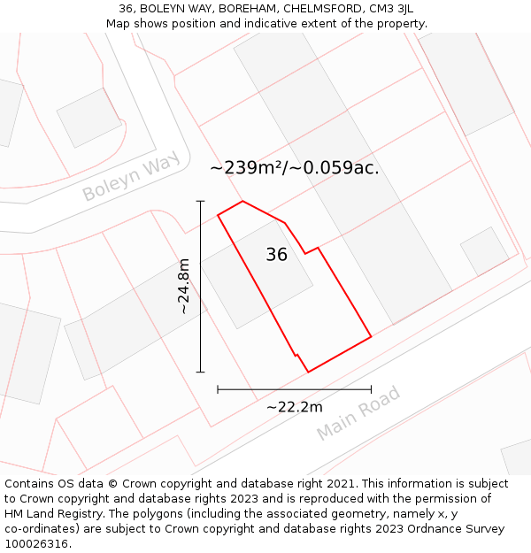 36, BOLEYN WAY, BOREHAM, CHELMSFORD, CM3 3JL: Plot and title map