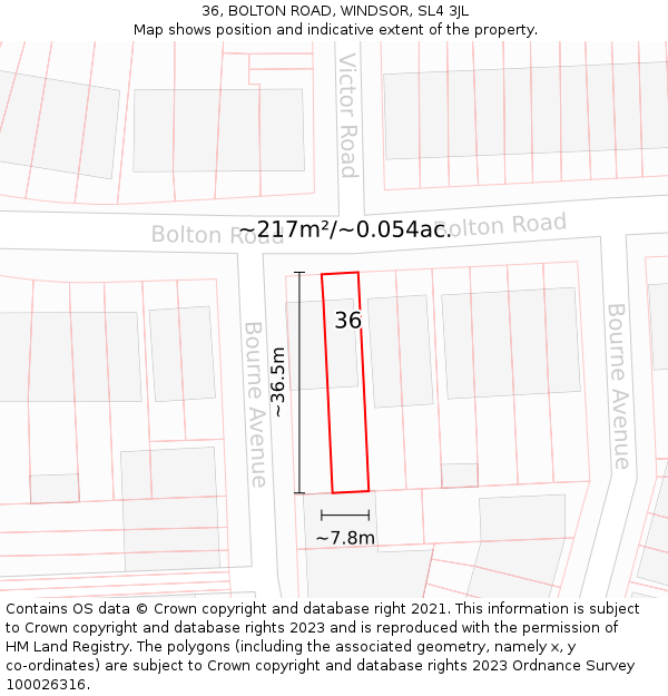 36, BOLTON ROAD, WINDSOR, SL4 3JL: Plot and title map