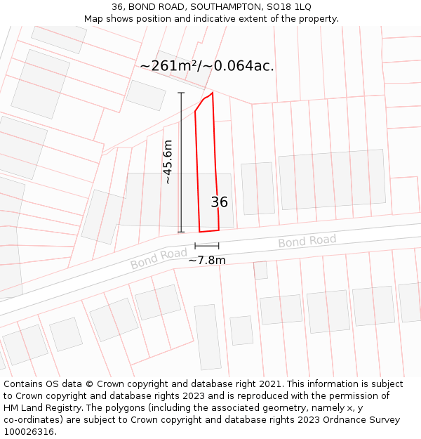 36, BOND ROAD, SOUTHAMPTON, SO18 1LQ: Plot and title map