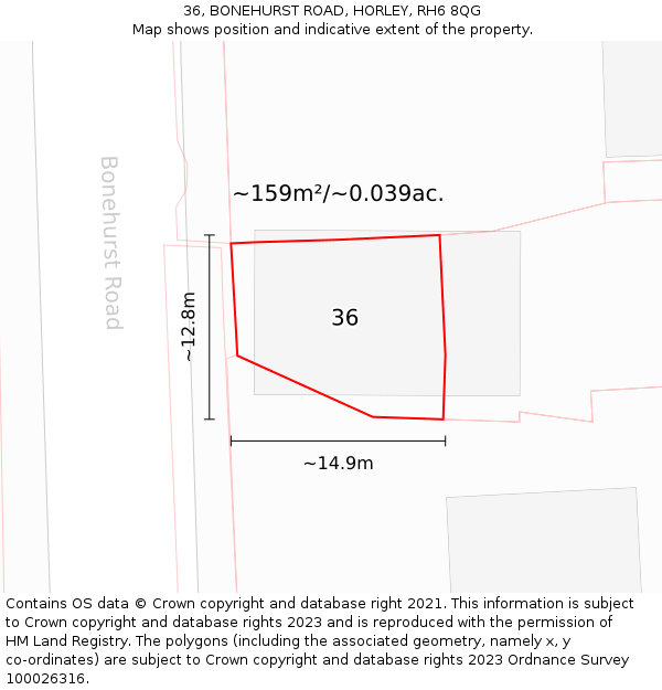 36, BONEHURST ROAD, HORLEY, RH6 8QG: Plot and title map