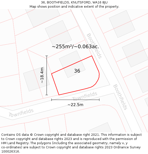 36, BOOTHFIELDS, KNUTSFORD, WA16 8JU: Plot and title map