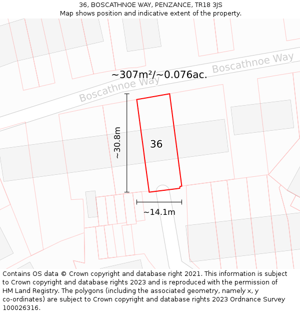 36, BOSCATHNOE WAY, PENZANCE, TR18 3JS: Plot and title map